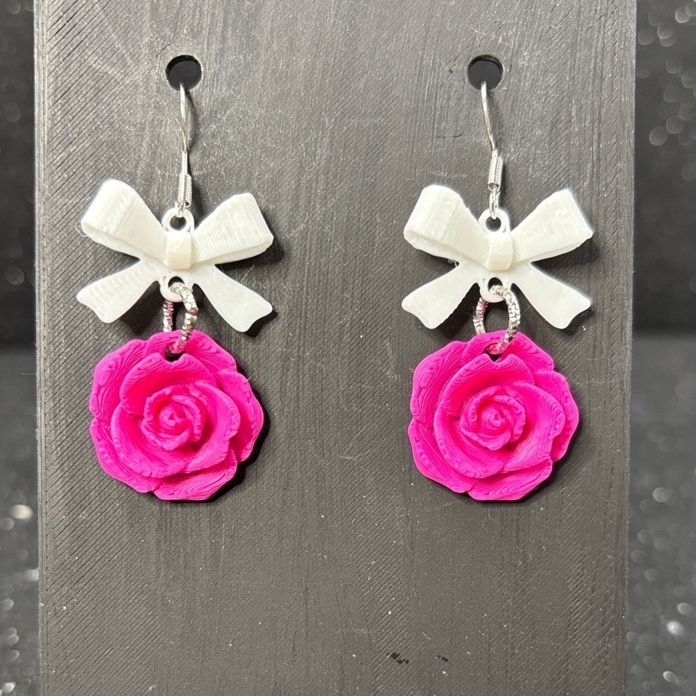Pink Rose and White Bow Earrings